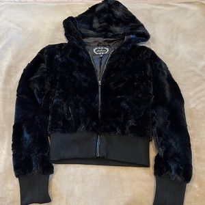 “SOLD” already! Black hooded fury jacket by Ambiance